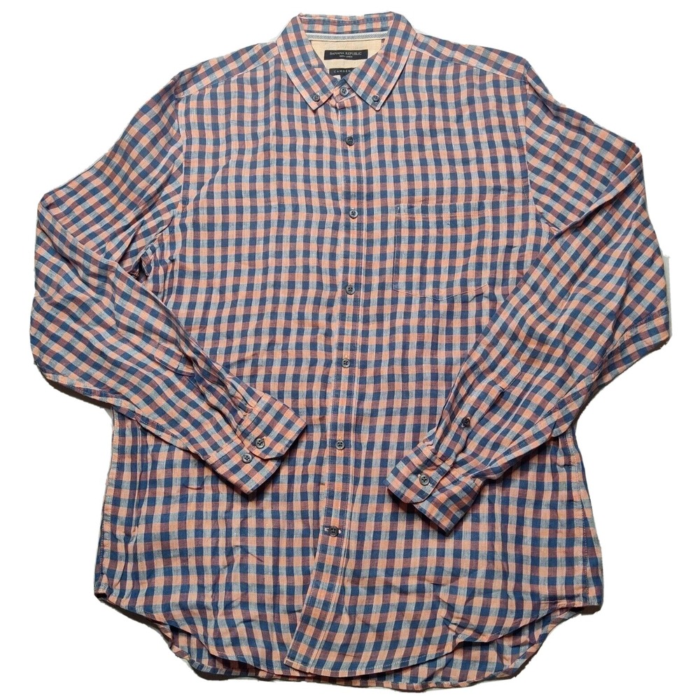 BANANA REPUBLIC CAMDEN FIT LINEN Men Large Blue Orange Plaid Shirt EUC